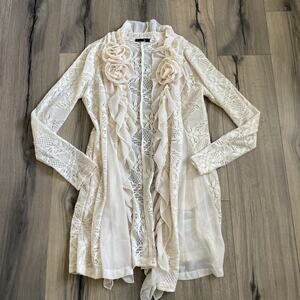 Ryu Ivory Crochet Chiffon Flower Whimsical Long Open Front Cardigan Size Large